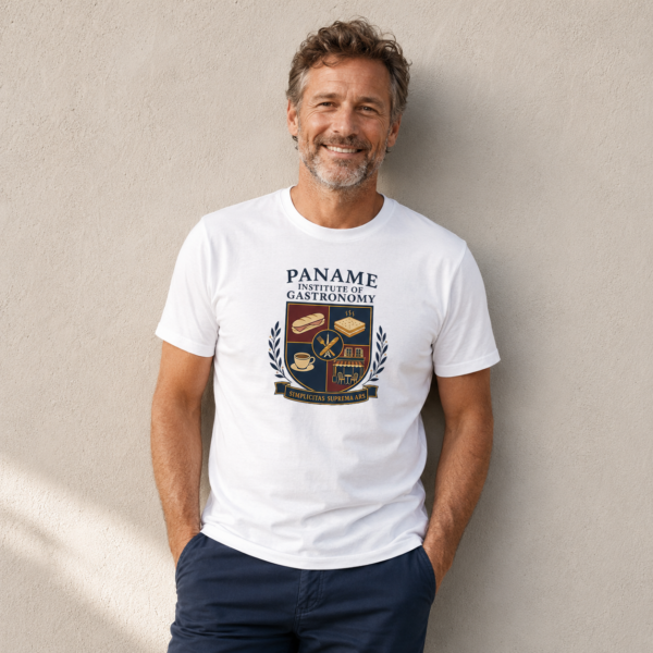 Un homme montre son tshirt Paname Institute of Gastronomy