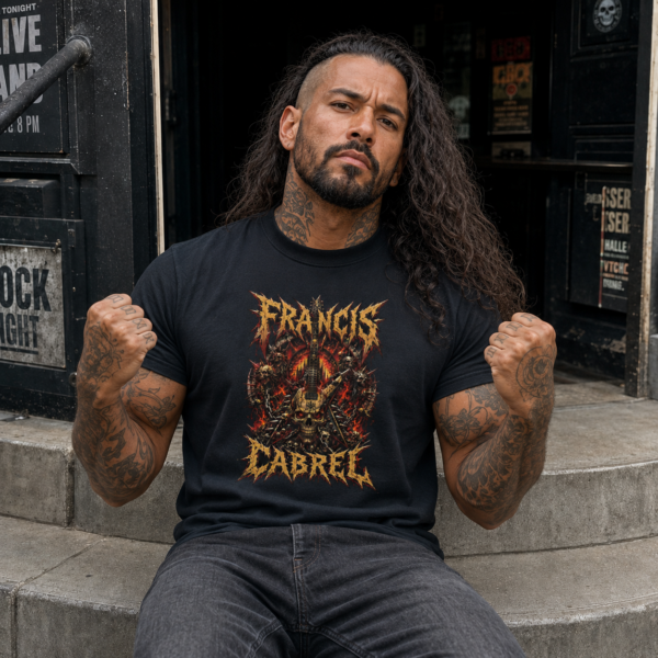 Homme portant un T-shirt metal cabrel