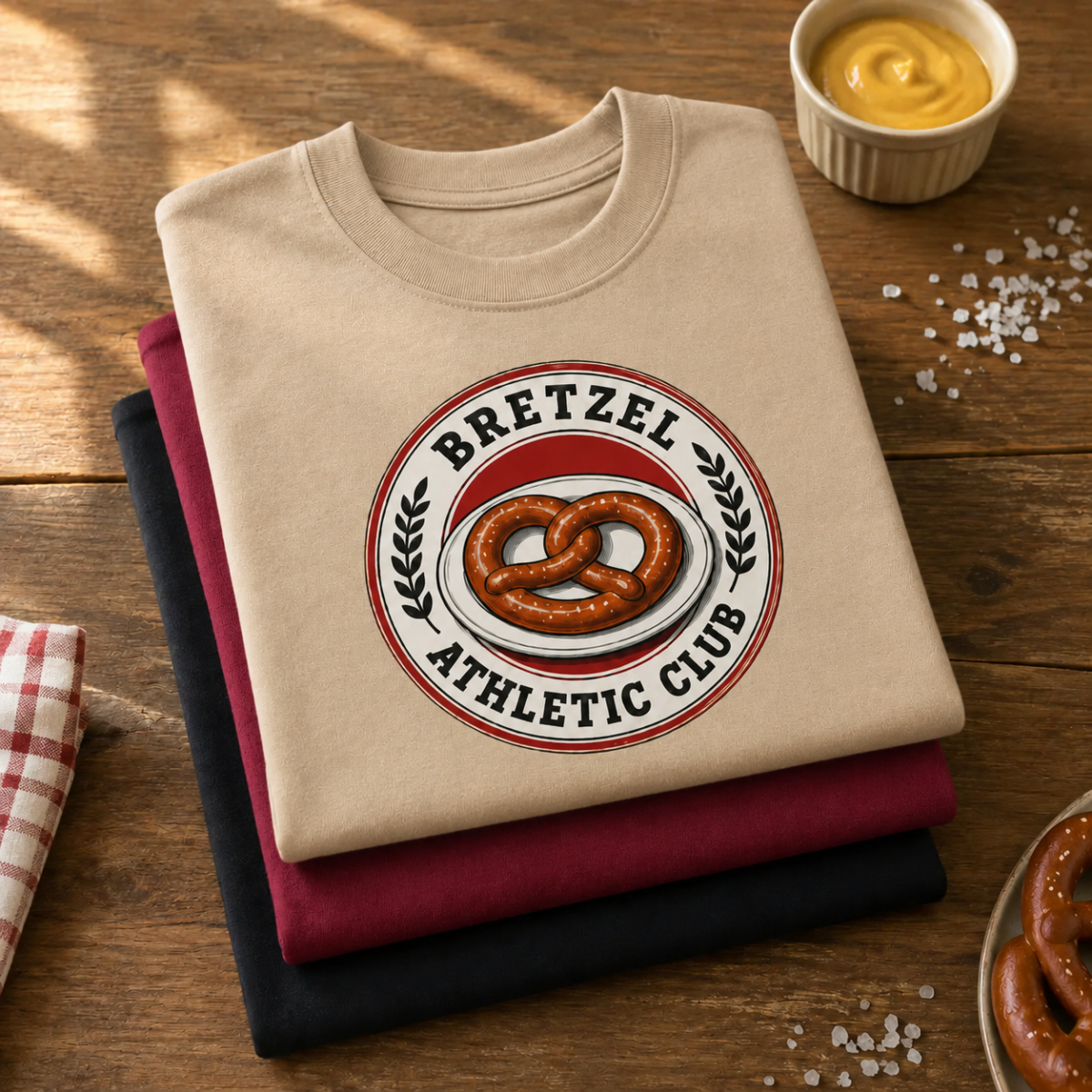 T-shirts Bretzel Athletic Club pliés , design alsacien d'humour