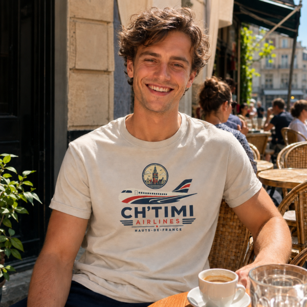 Un jeune home porte un t-shirt Ch'timi AIrlines