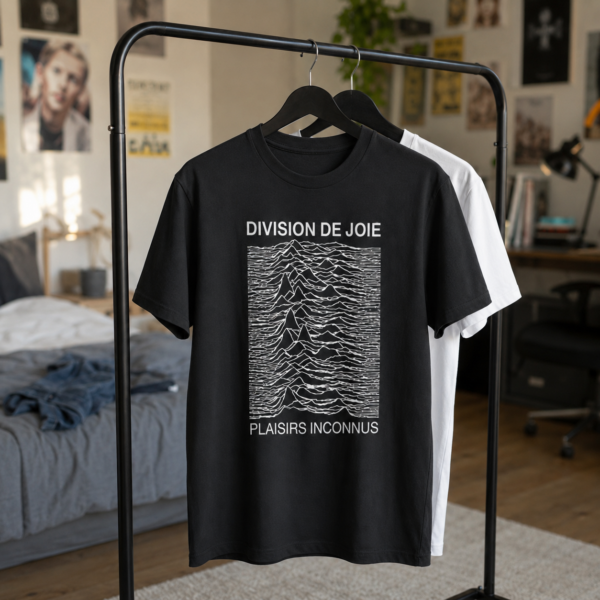 Alt text visuel portant noir sur penderie : T-shirt noir Division de Joie suspendu sur une penderie, avec motif post-punk blanc Plaisirs inconnus