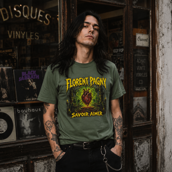 Un jeune homme porte le t-shirt Florent Pagny Metal