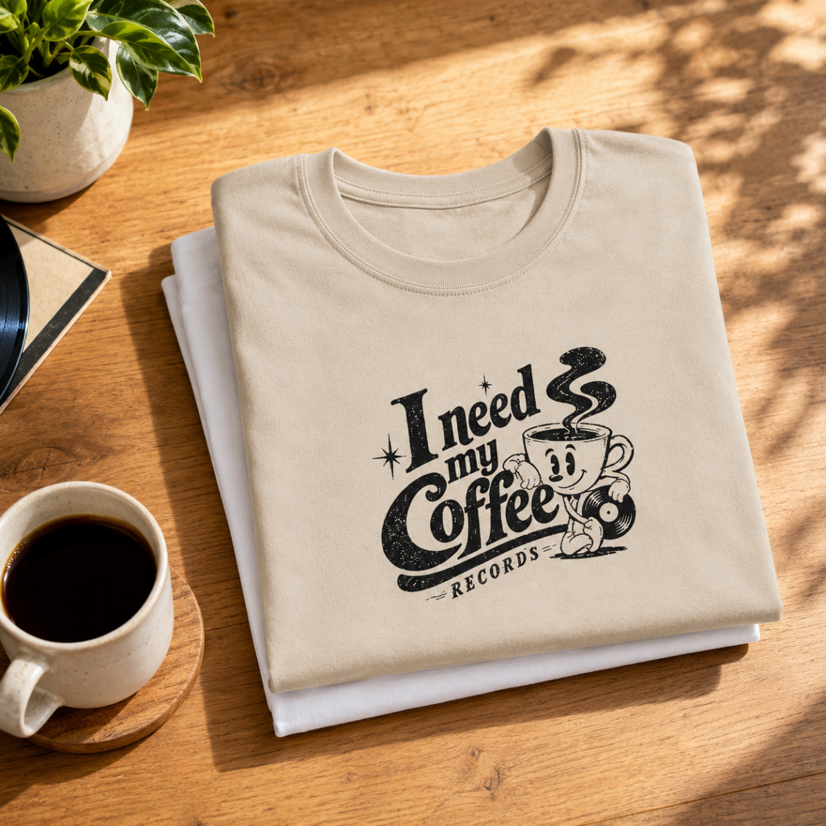 T-shirts I need my coffee Records pliés, design label de musique