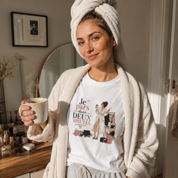 Femme avecle t-shirt Je pars dans 2 minutes