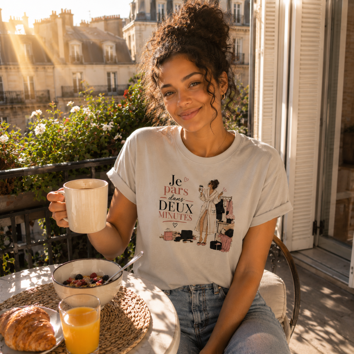 jeune femme portant le t-shirt Je pars dans 2 minutes