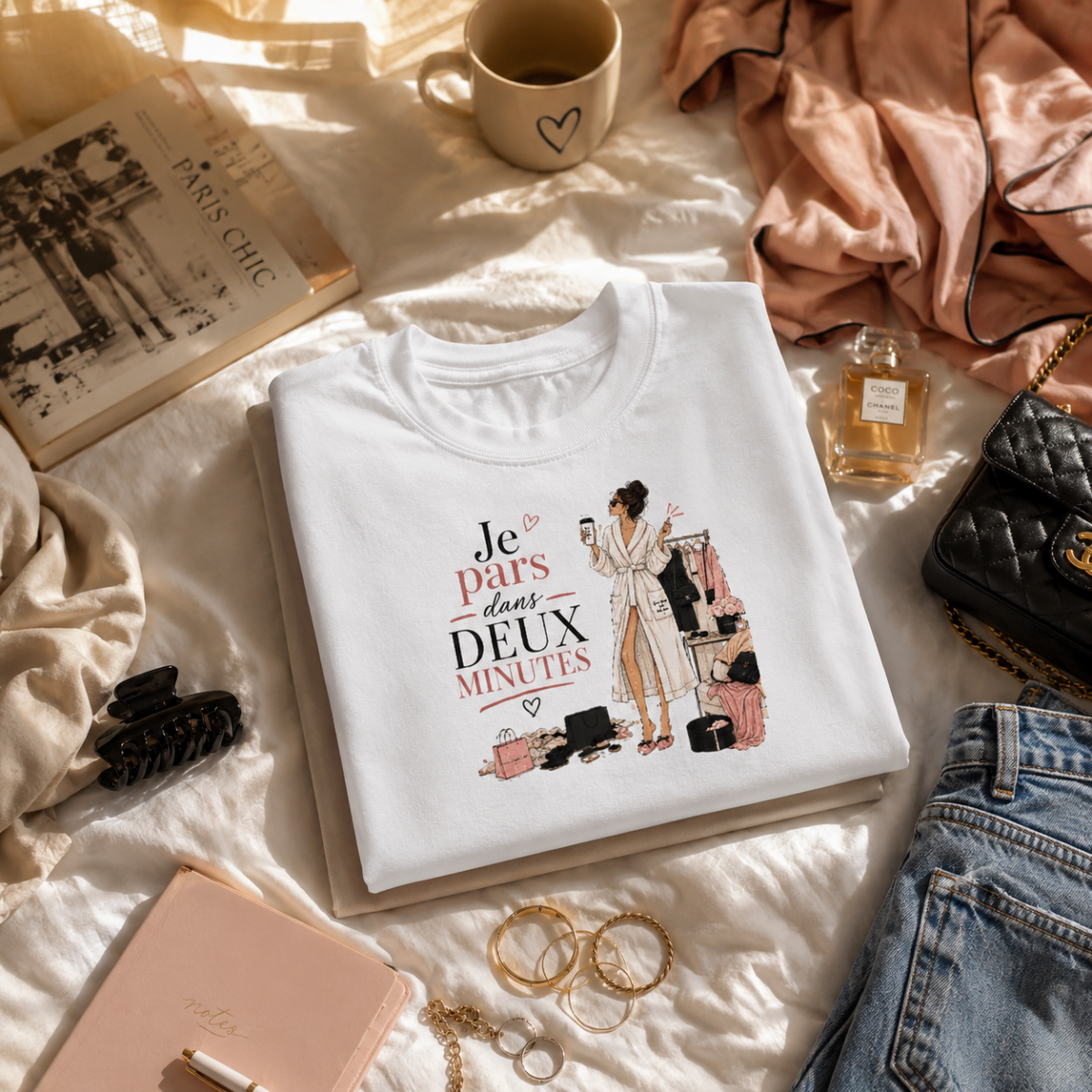 Pile de t-shirts Je pars dans 2 minutes, design fille humour