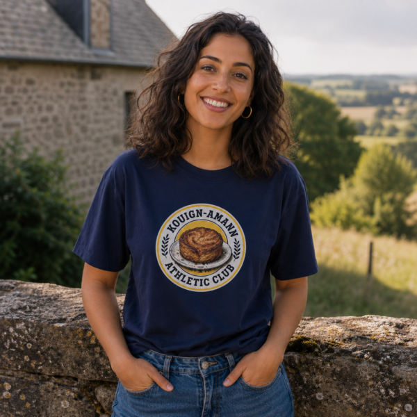 Une jeune femme montre son t-shirt Kouign-Amann Athletic Club