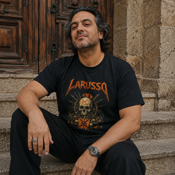 Une homme porte le t-shirt Larusso Metal