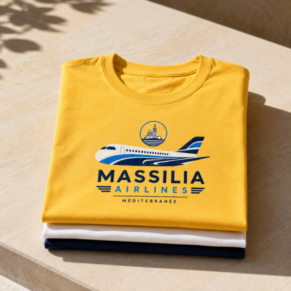 Une pile de t-shirts Massilia Airlines, posés et pliés, design aviation vintage