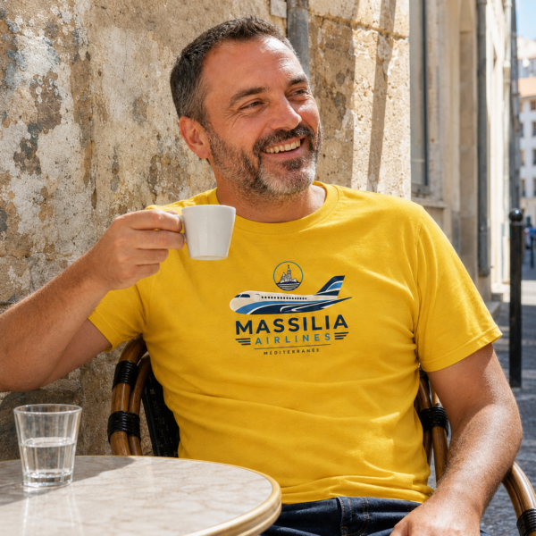 Un homme avec le t-shirt Massilia Airlines