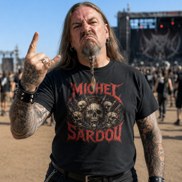 Un homme porte le T-shirt Michel Sardou Metal au Hellfest