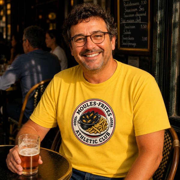 Un homme portant un t-shirt Moules-Frites Athletic Club