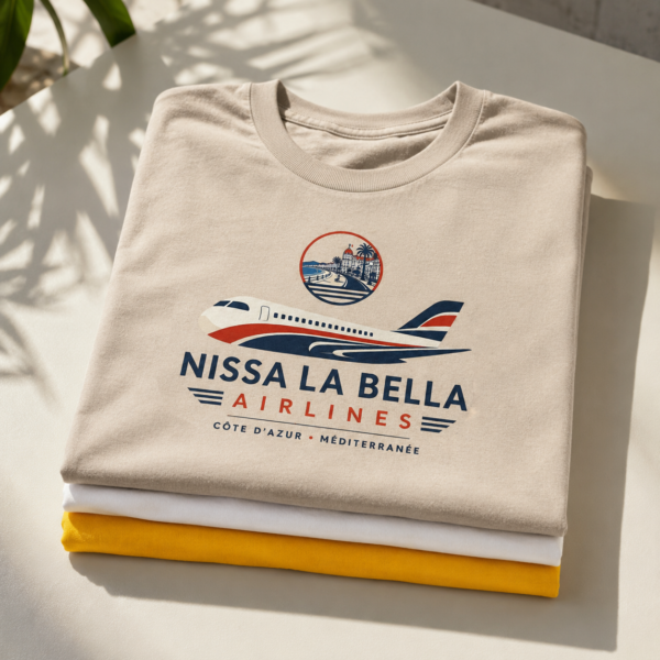 Une pile rangée de Une femme porte t-shirts Nissa le Bella Airlines, design nissart et vintage