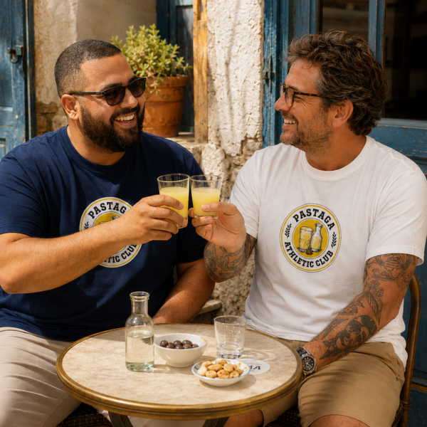 Des amis avec le t-shirt Pastaga Athletic Club boivent un pastis