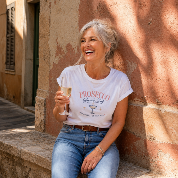 Femme avec un tshirt Prosecco Social Club dans la rue avec un verre