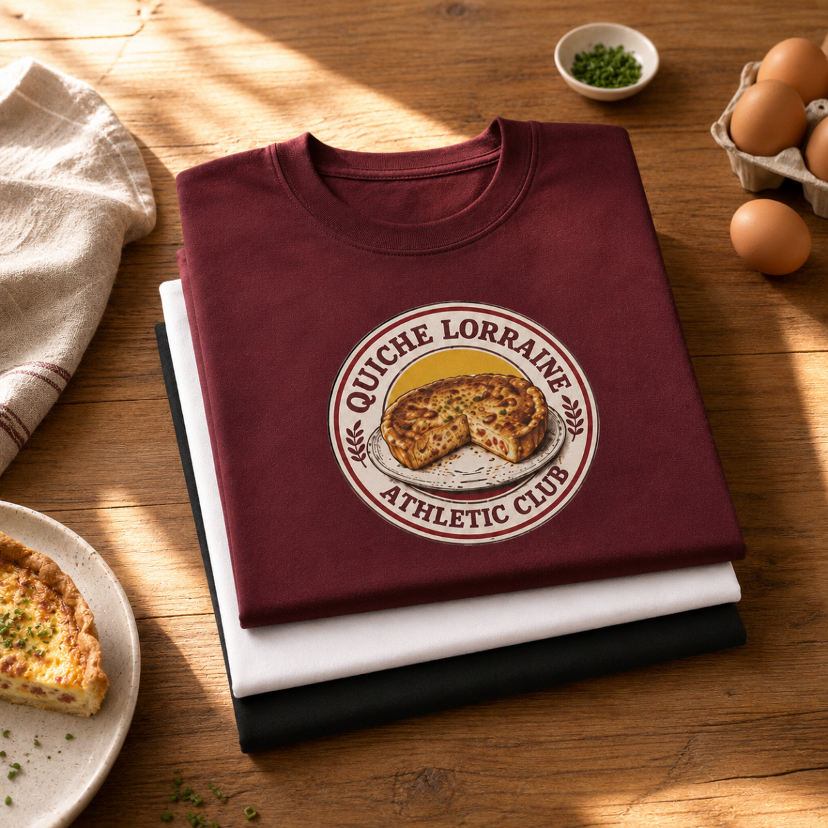 T-shirts Quiche Lorraine Athletic Club pliés , design lorraine humoristique