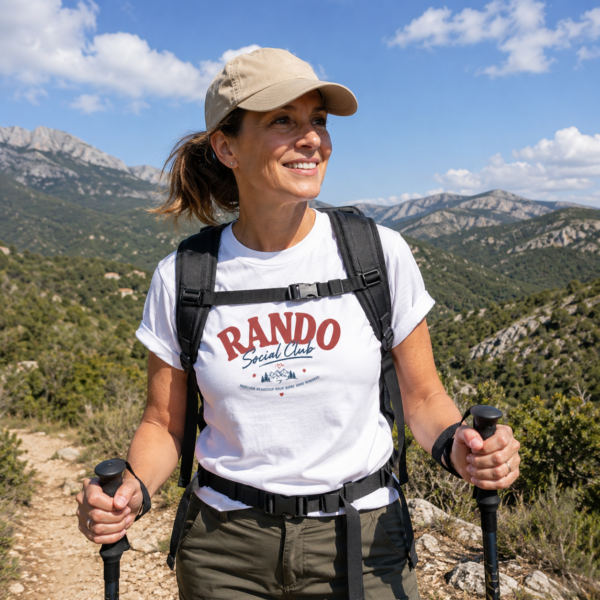 Une femme porte le t-shirt Rando Social Club en sortie de randonnée