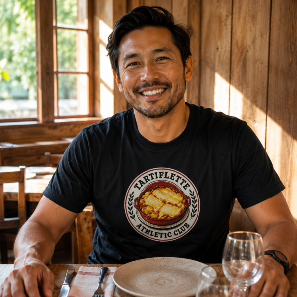 Homme asiatique avec un t-shirt Tartiflette Athletic Club