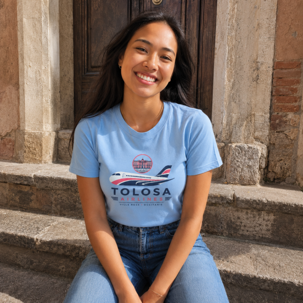 Une femme avec un t-shirt tolosa Airlines