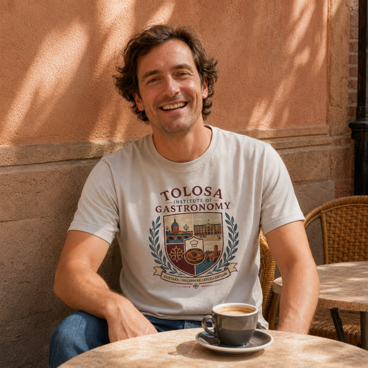 Un homme montre son tshirt Tolosa Institute of Gastronomy