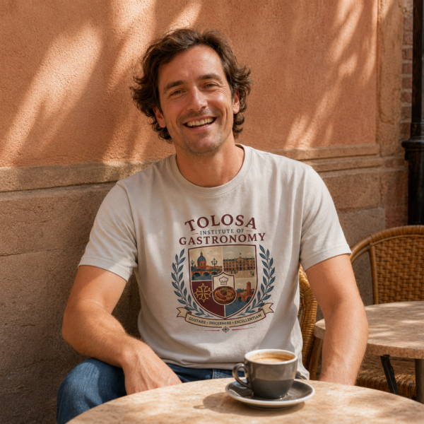 Un homme montre son tshirt Tolosa Institute of Gastronomy
