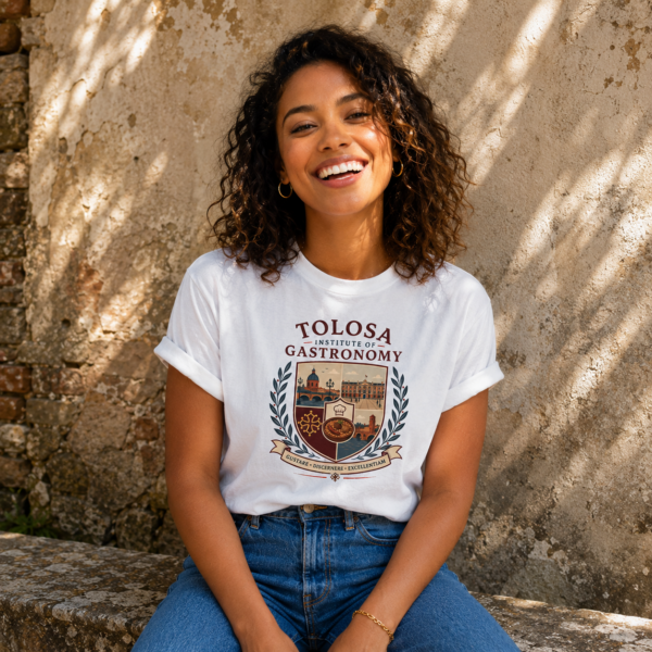 Une jeune femme avec le tshirt Tolosa Institute of Gastronomy