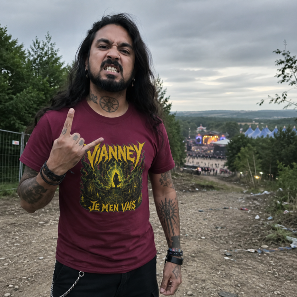 Un homme porte le t-shirt Vianney Metal