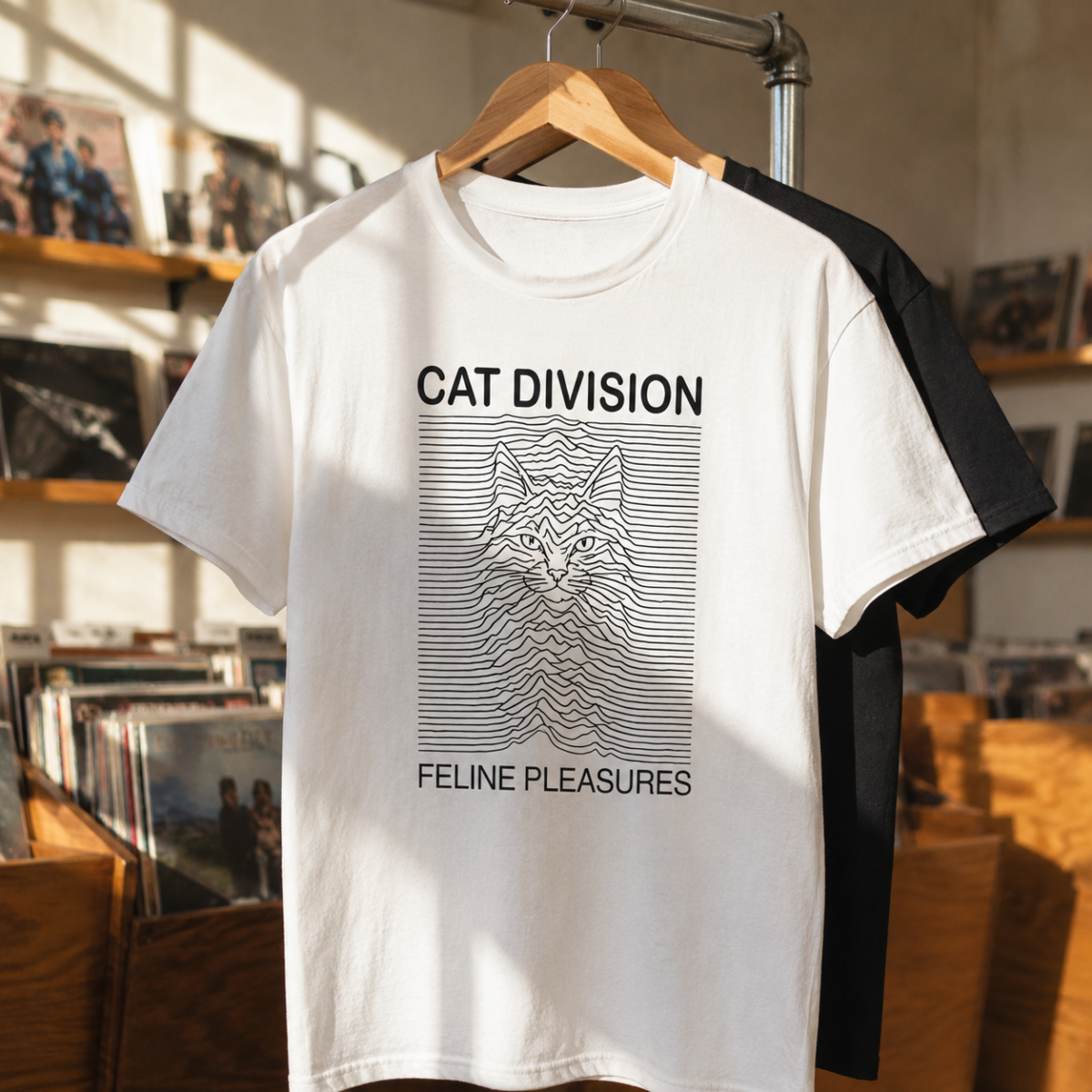 T-shirt blanc Cat Division Feline Pleasures suspendu sur un portant, avec la version noire derrière