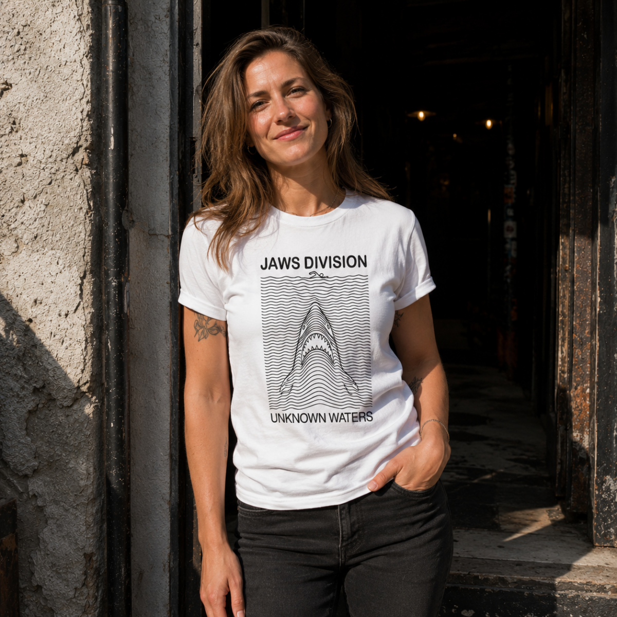 Jeune femme portant un t-shirt noir Jaws Division devant une entrée de salle de concert