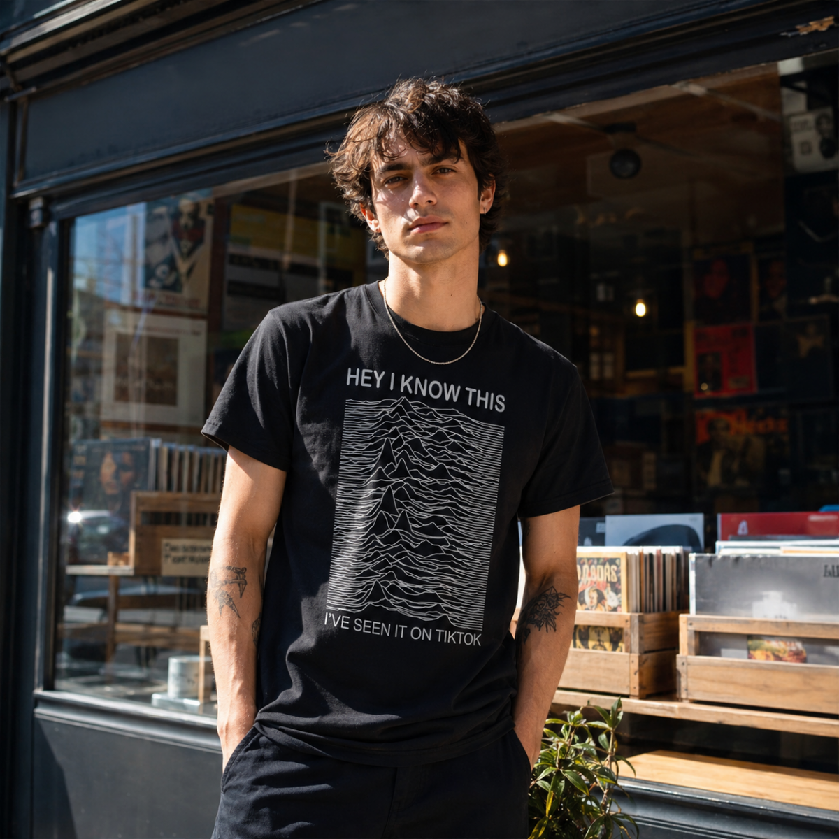 Jeune homme portant le t-shirt noir Joy Division TikTok devant un magasin de disques