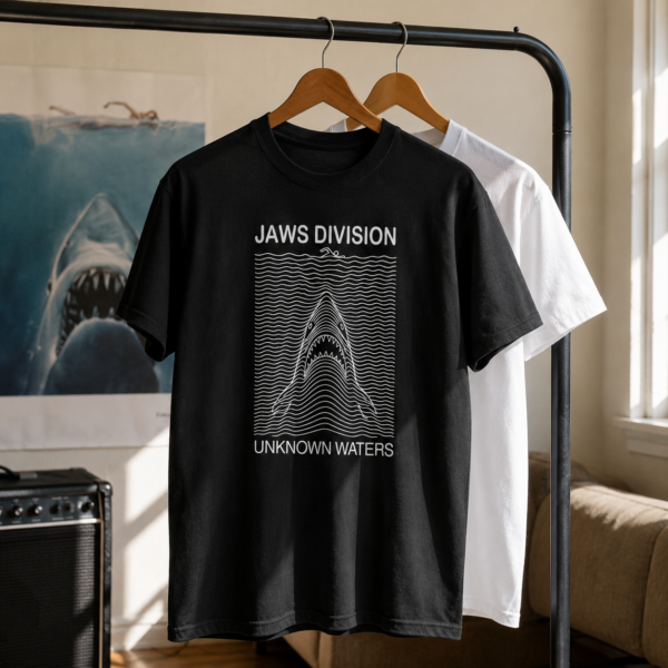 T-shirt blanc Jaws Division Unknown Waters avec requin entre des lignes ondulées noires