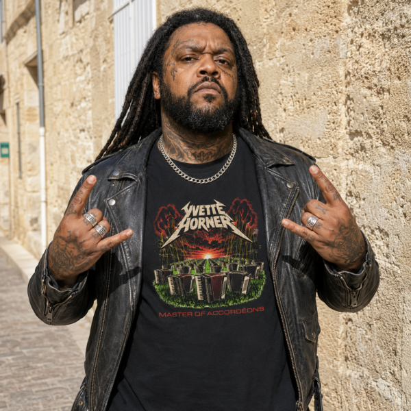 Un homme métalleux porte le t-shirt Yvette Horner Metal Edition