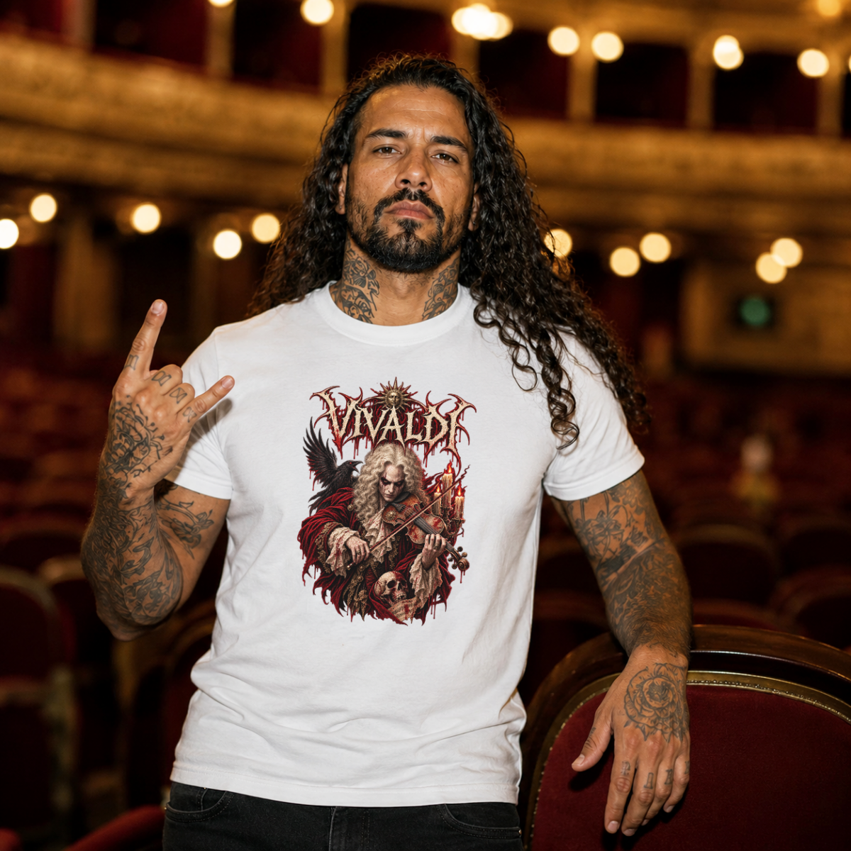 Homme tatoué portant un t-shirt Vivaldi metal blanc dans une ancienne salle d’opéra italienne aux balcons dorés
