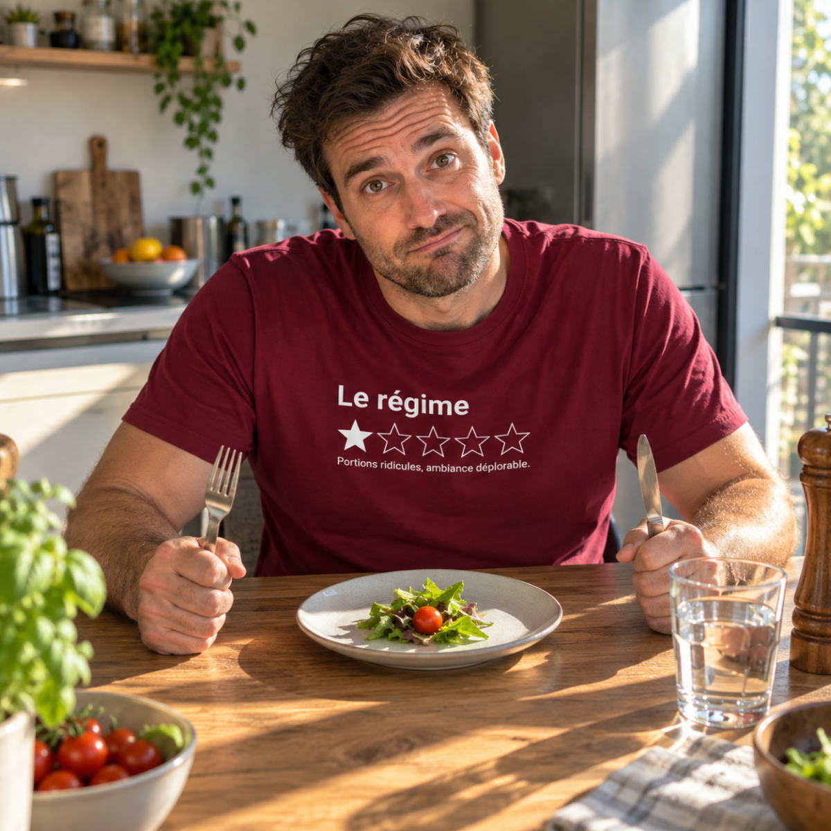 Homme portant le t-shirt rouge Le régime devant une petite salade