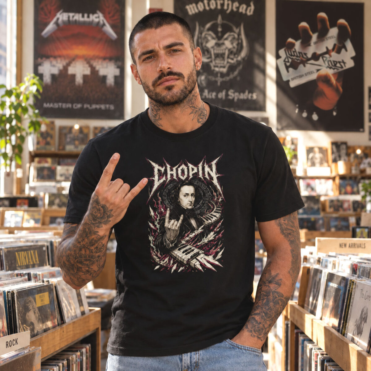 Homme portant le t-shirt noir Chopin Metal et faisant le signe des cornes dans un magasin de disques