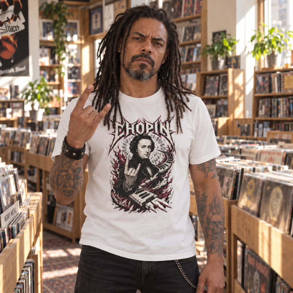 Homme tatoué avec des dreadlocks portant le t-shirt blanc Chopin Metal dans un magasin de disques