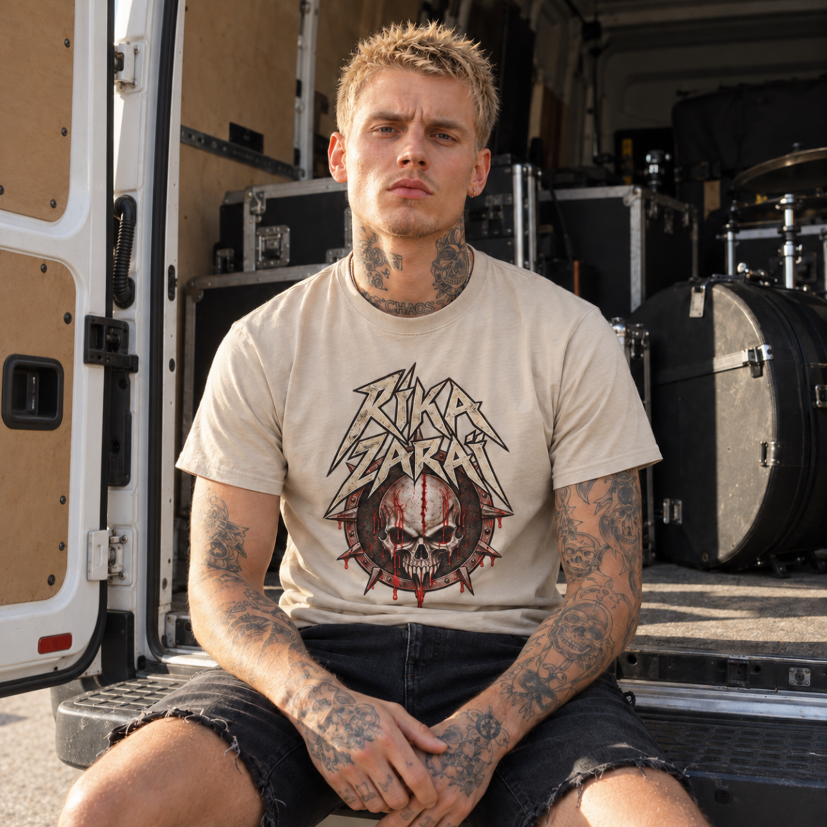 Homme portant le t-shirt sable Rika Zaraï metal devant un van de tournée