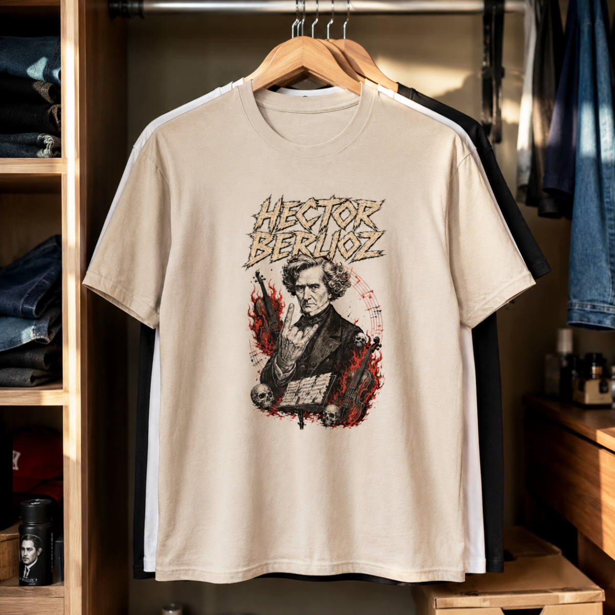 T-shirt Hector Berlioz metal couleur sable suspendu dans une penderie, avec les versions blanche et noire derrière