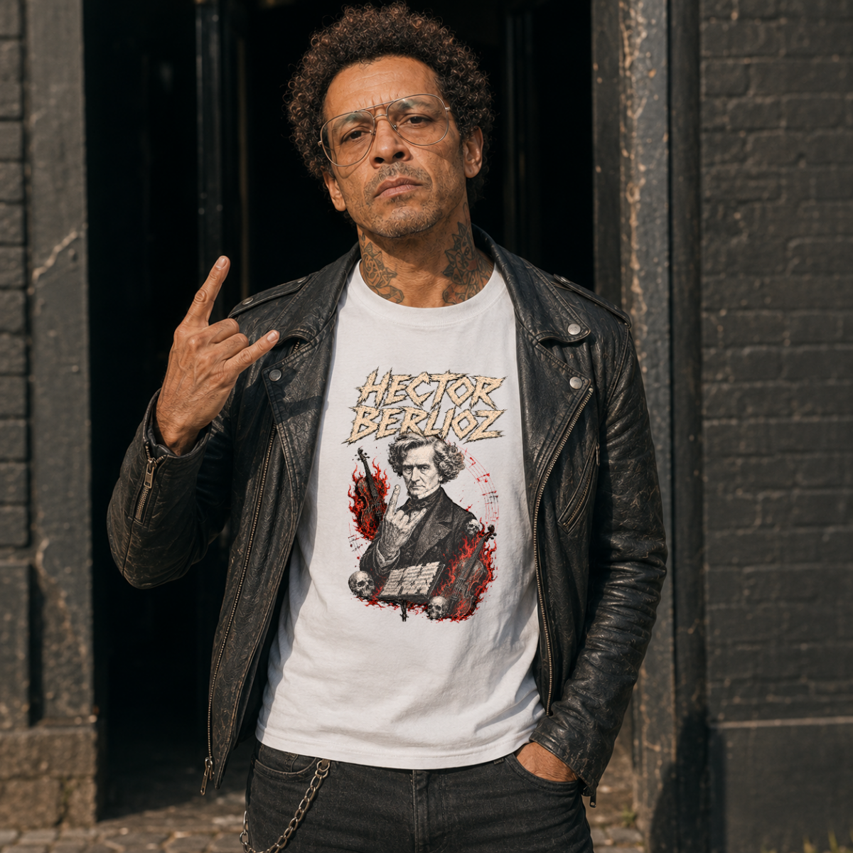 Homme en veste de cuir portant le t-shirt Hector Berlioz blanc devant une salle de concert londonienne