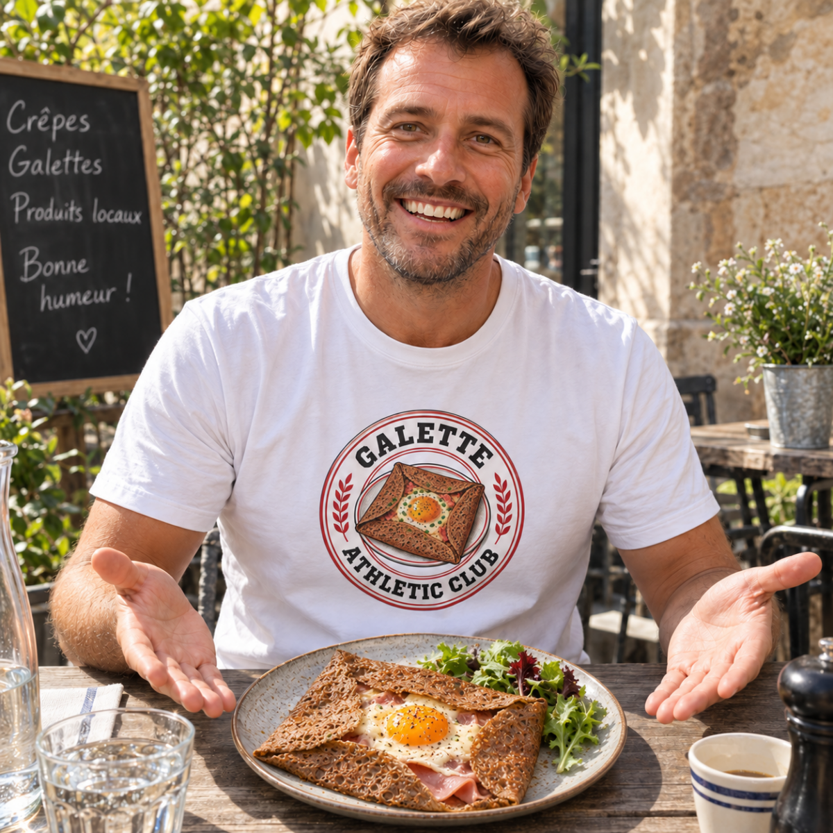 Homme portant le t-shirt Galette Athletic Club blanc dans une crêperie