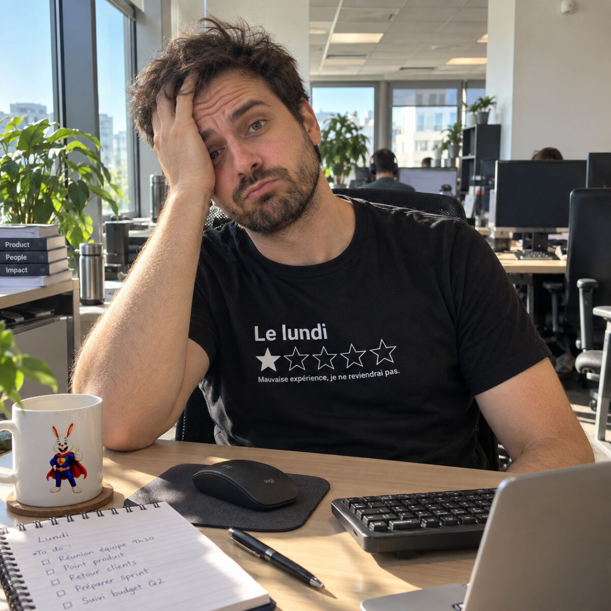 Homme portant le t-shirt noir Le lundi Une étoile au bureau avec un air fatigué