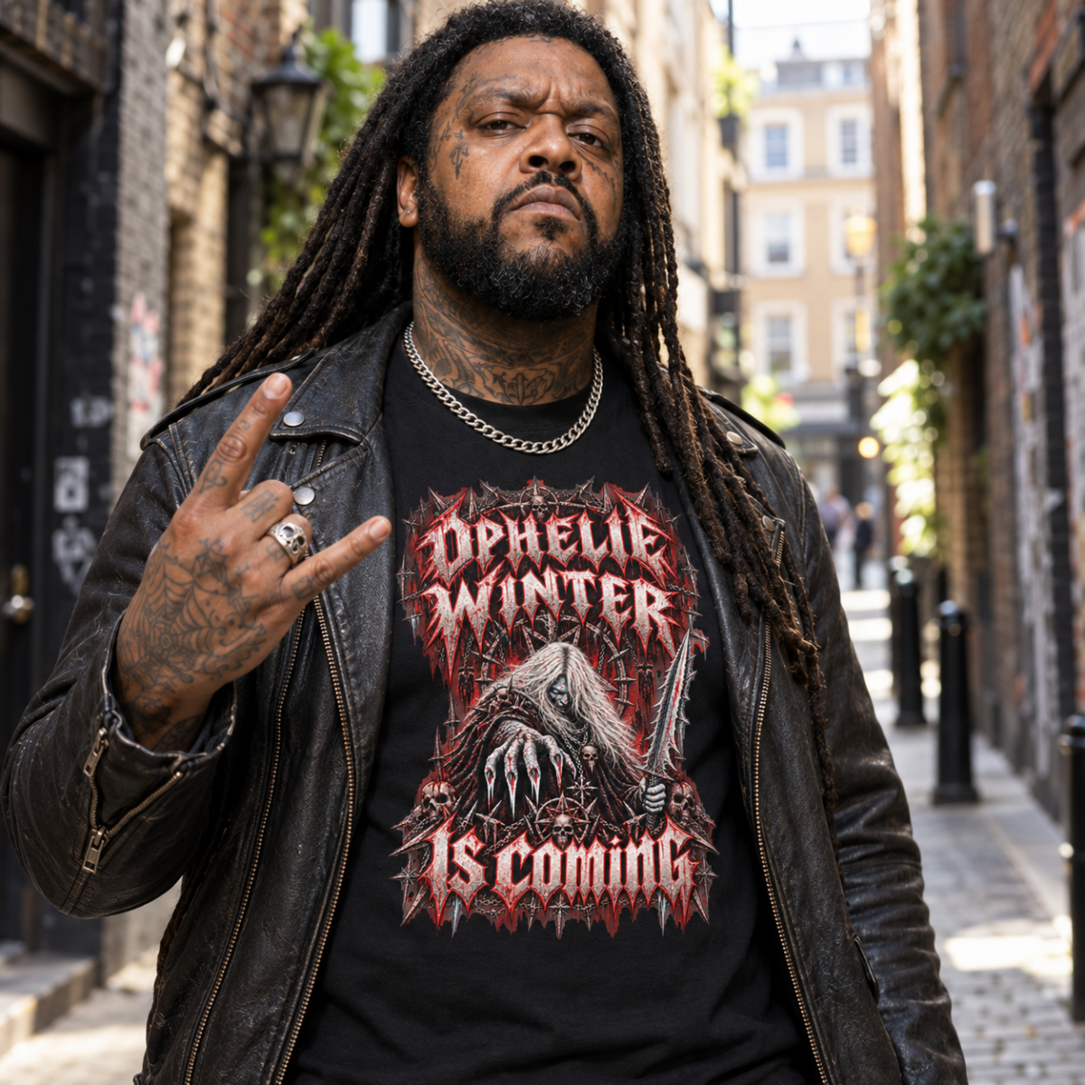 Homme portant le t-shirt noir Ophélie Winter is Coming metal dans une ruelle de Soho à Londres