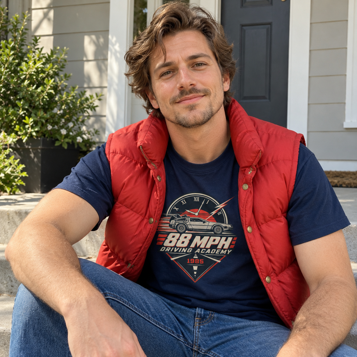 Homme portant le t-shirt 88 MPH Driving Academy 1985