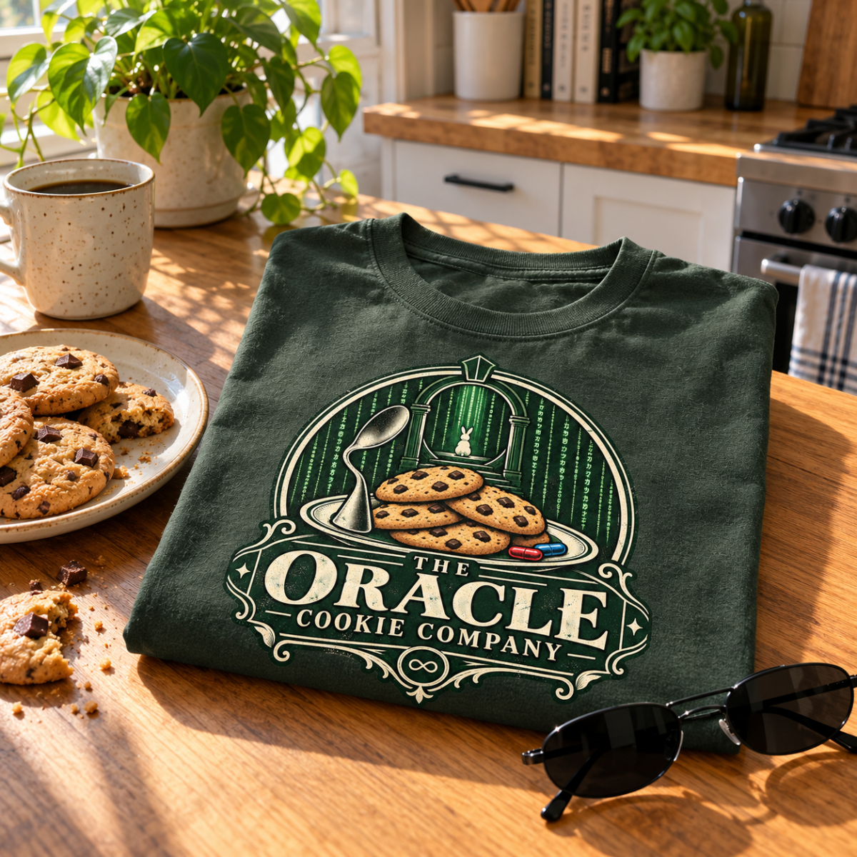 - T-shirt Oracle Cookie Company plié, référence à l'Oracle dans Matrix
