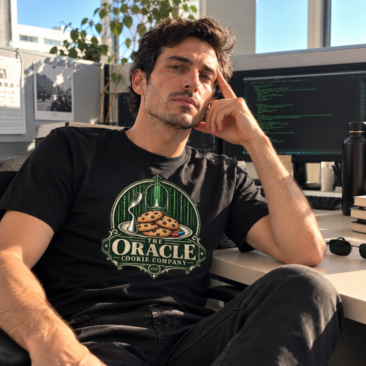 T-shirt noir The Oracle Cookie Company porté dans un bureau