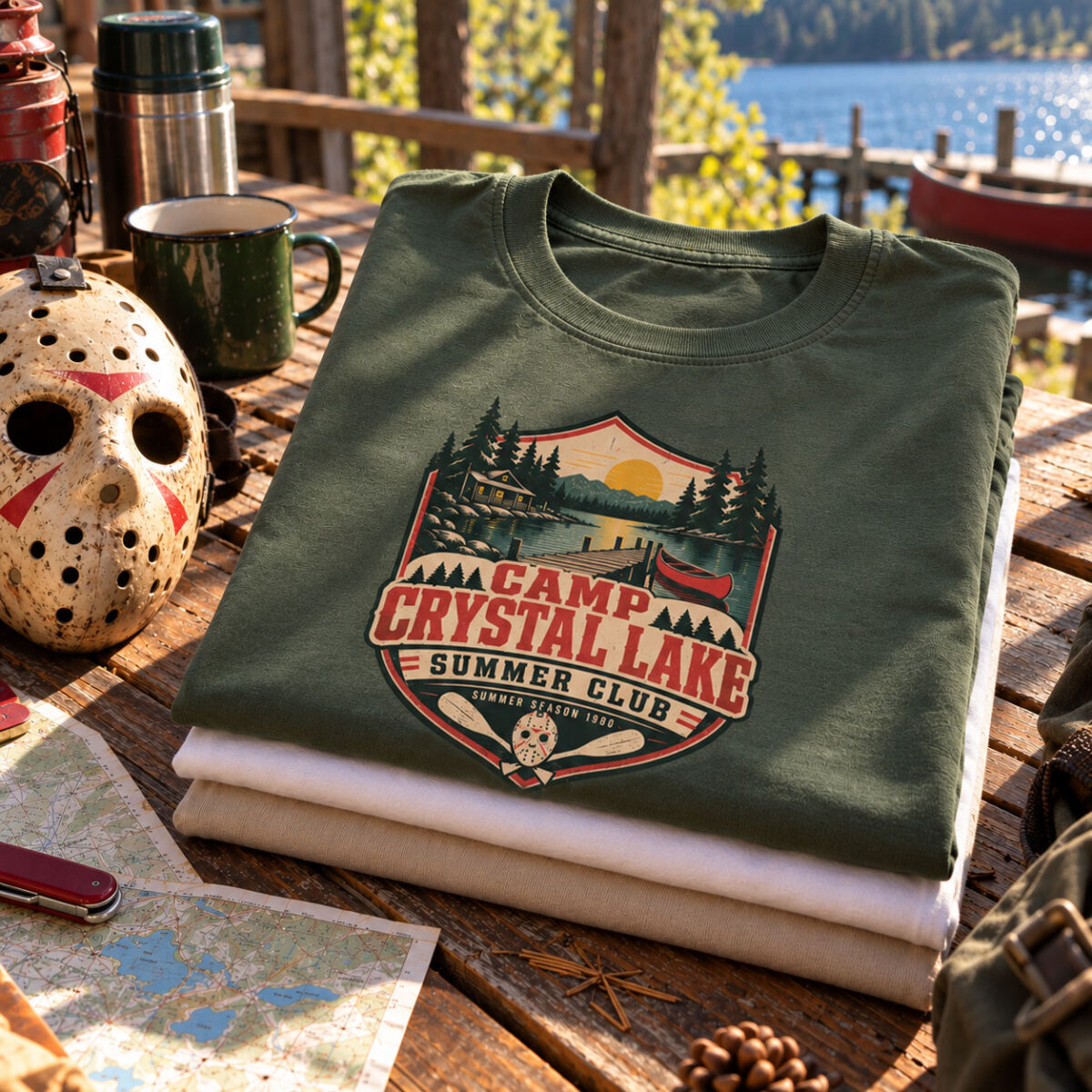 - T-shirt Camp Crystal Lake Summer Club plié, hommage au cinéma d'horreur