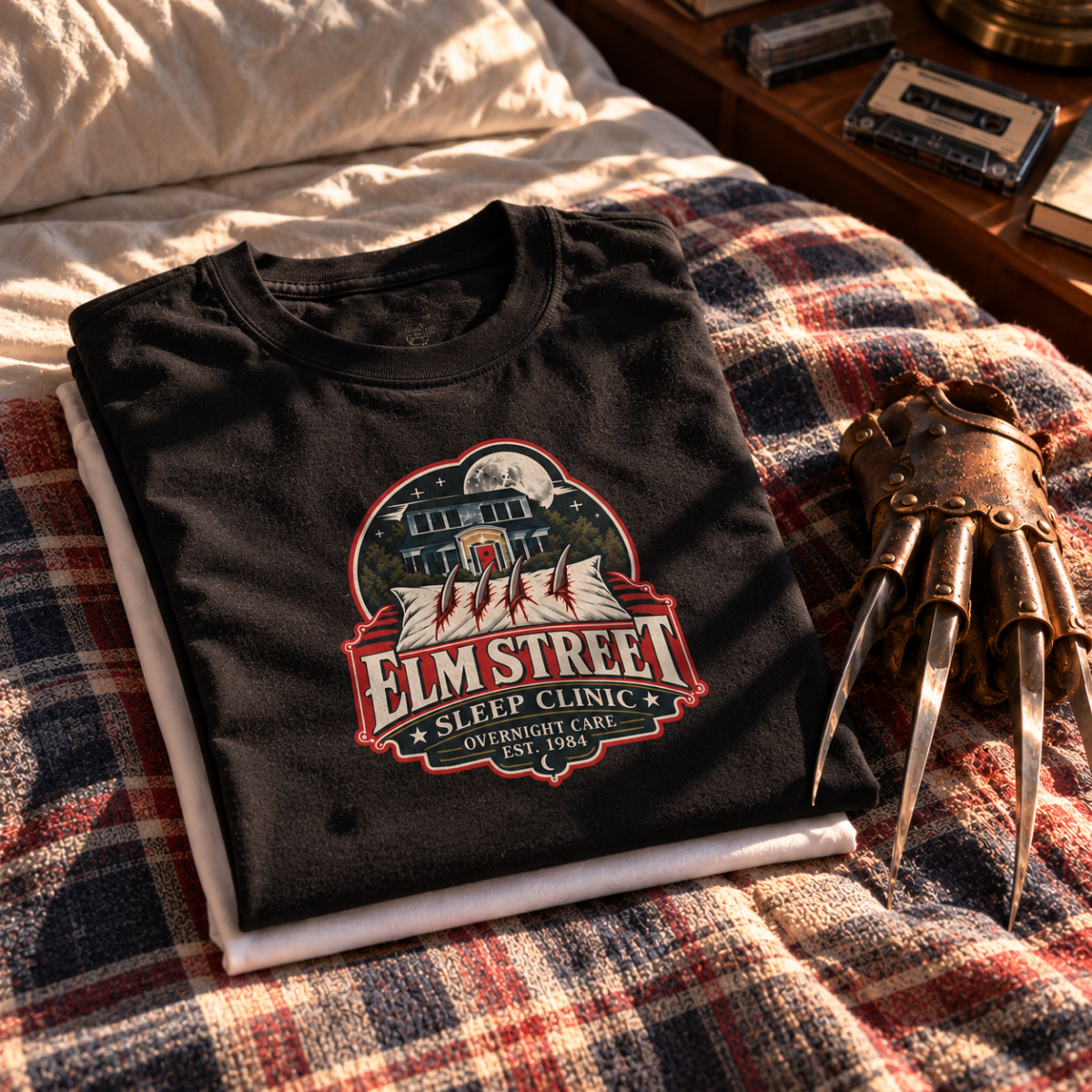 - T-shirt Elm Street Sleep Clinic plié, hommage à les Griffes de la nuit