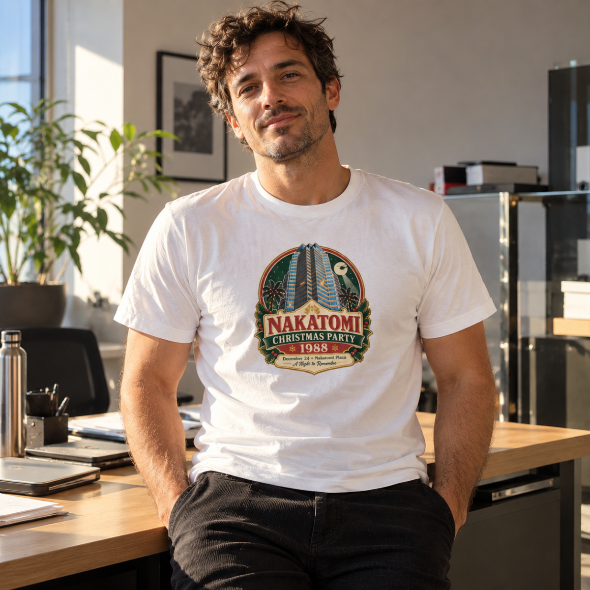 Un homme avec le T-shirt Piège de cristal Nakatomi Christmas Party 1988 blanc