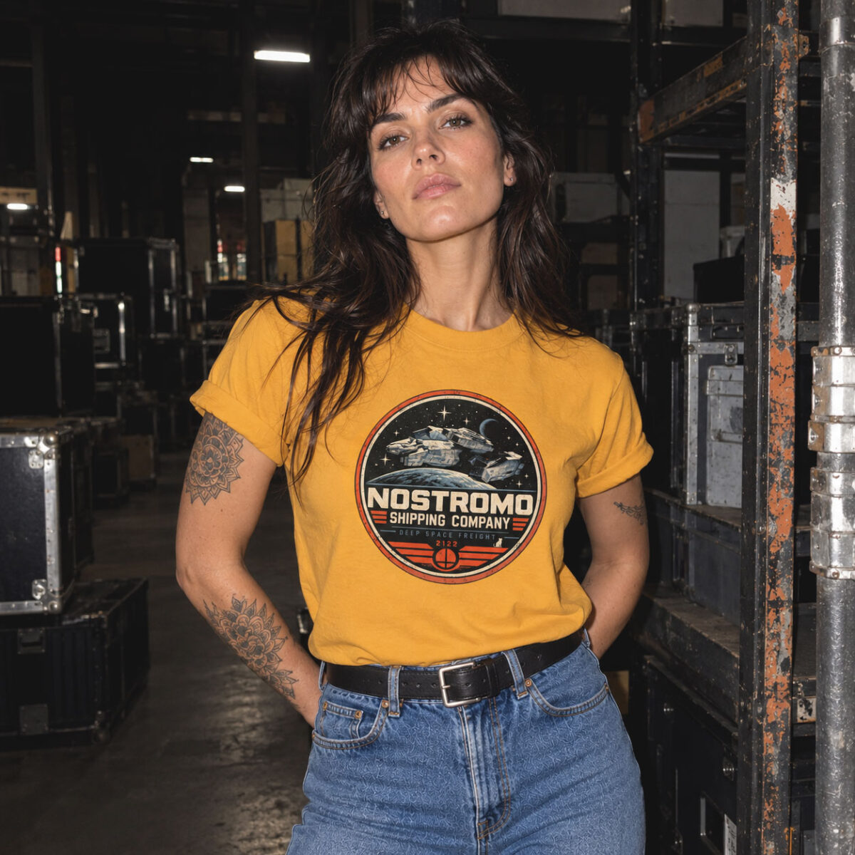 T-shirt couleur or Nostromo Shipping Company porté dans un entrepôt industriel