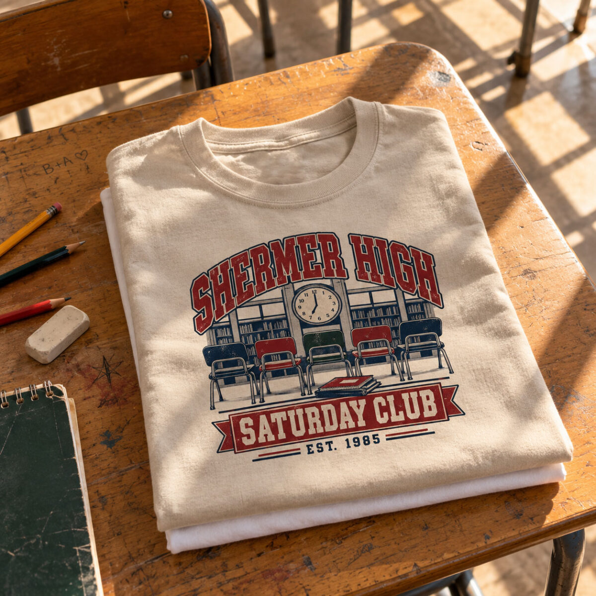 - T-shirt Shermer High Saturday Club plié, hommage au cinéma des années 80